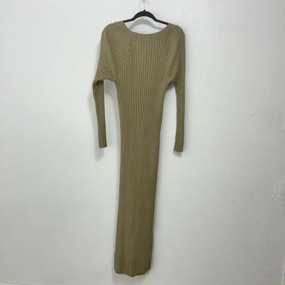 Free People Beach Khaki  Walk About Ribbed Long Sleeve Maxi Dress Bodycon Size L
